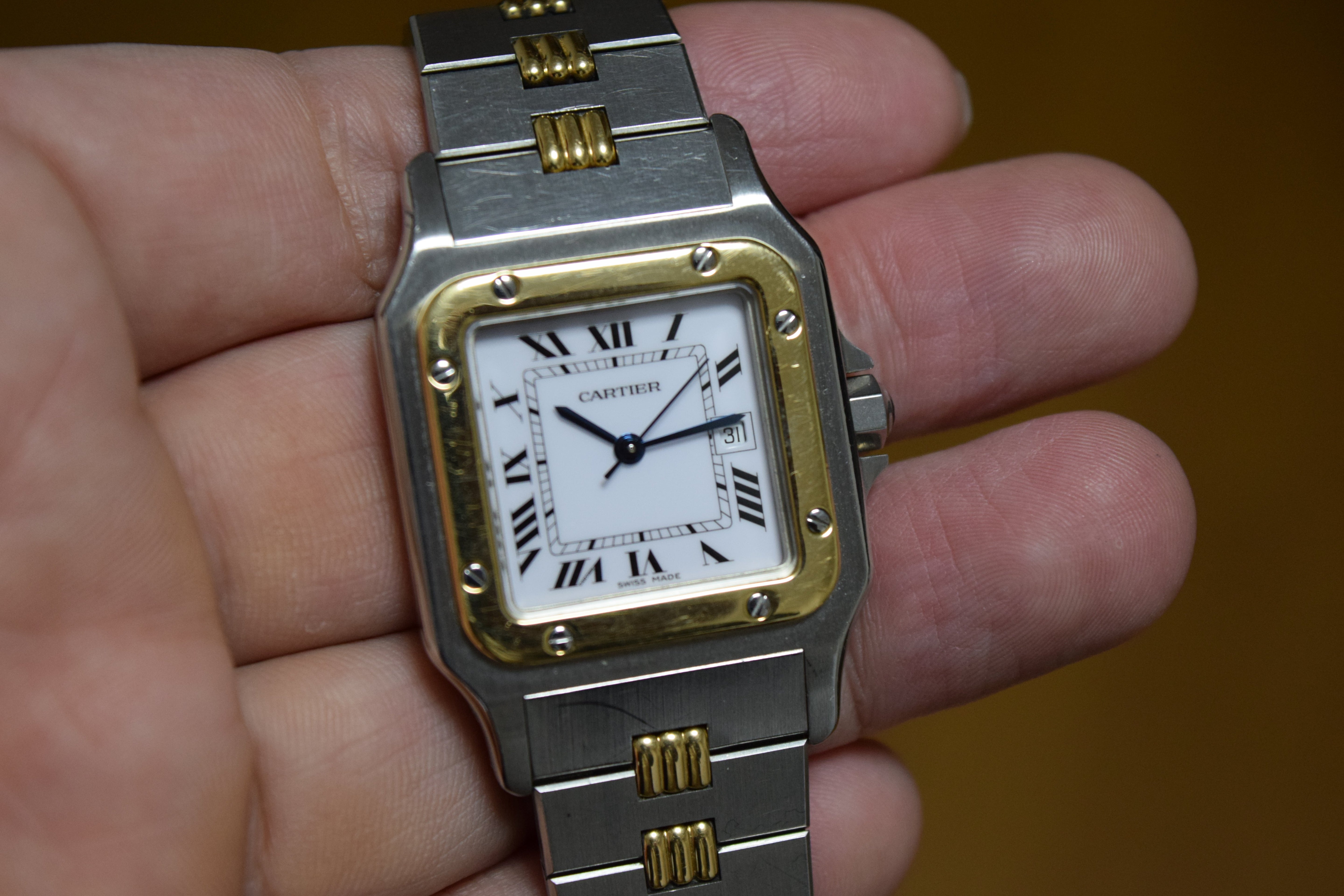 "International Warranty Included" Cartier Santos Galbe LM Size Godron Bracelet Stainless Steel x Gold Combination Automatic Model Ref.2961