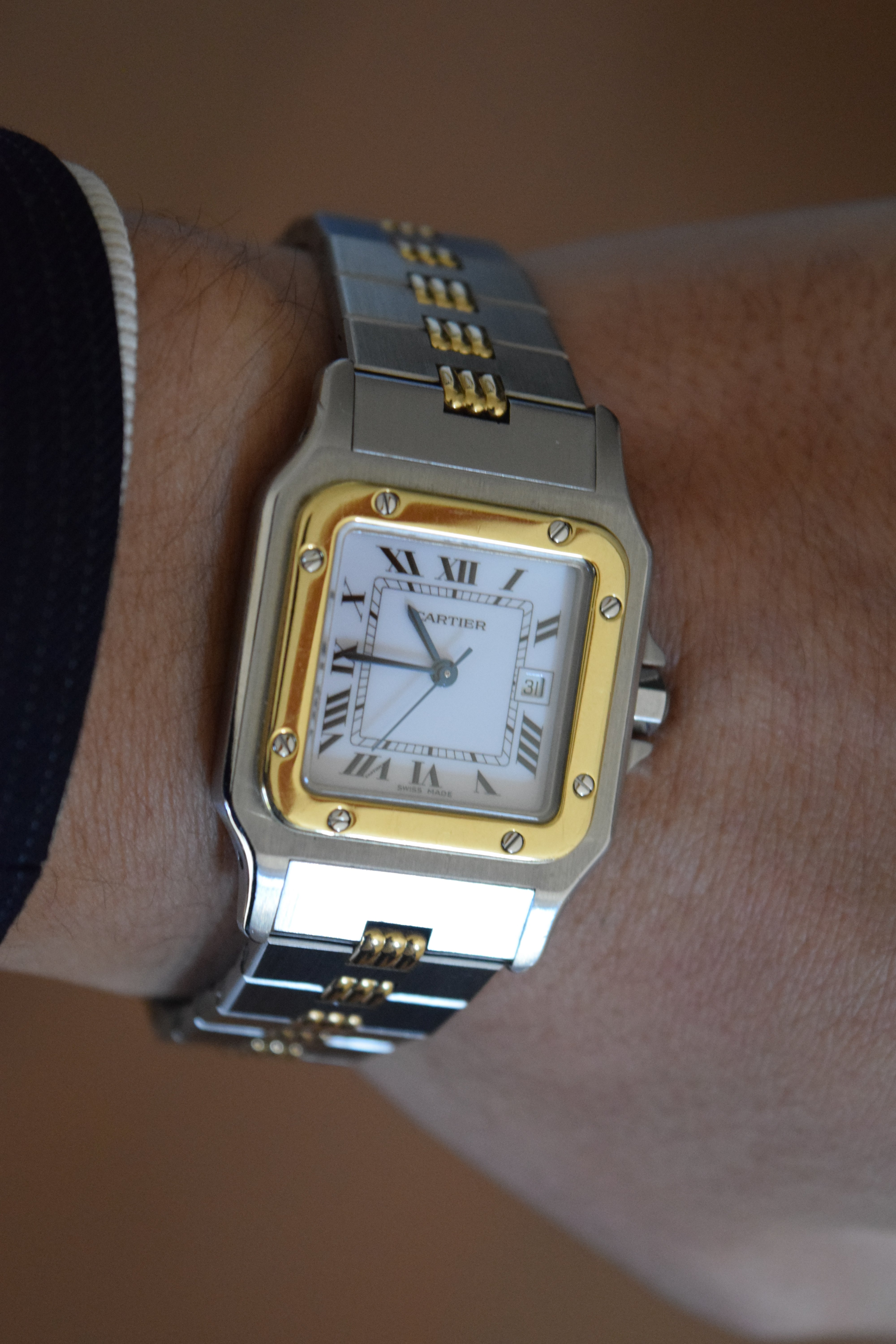 "International Warranty Included" Cartier Santos Galbe LM Size Godron Bracelet Stainless Steel x Gold Combination Automatic Model Ref.2961