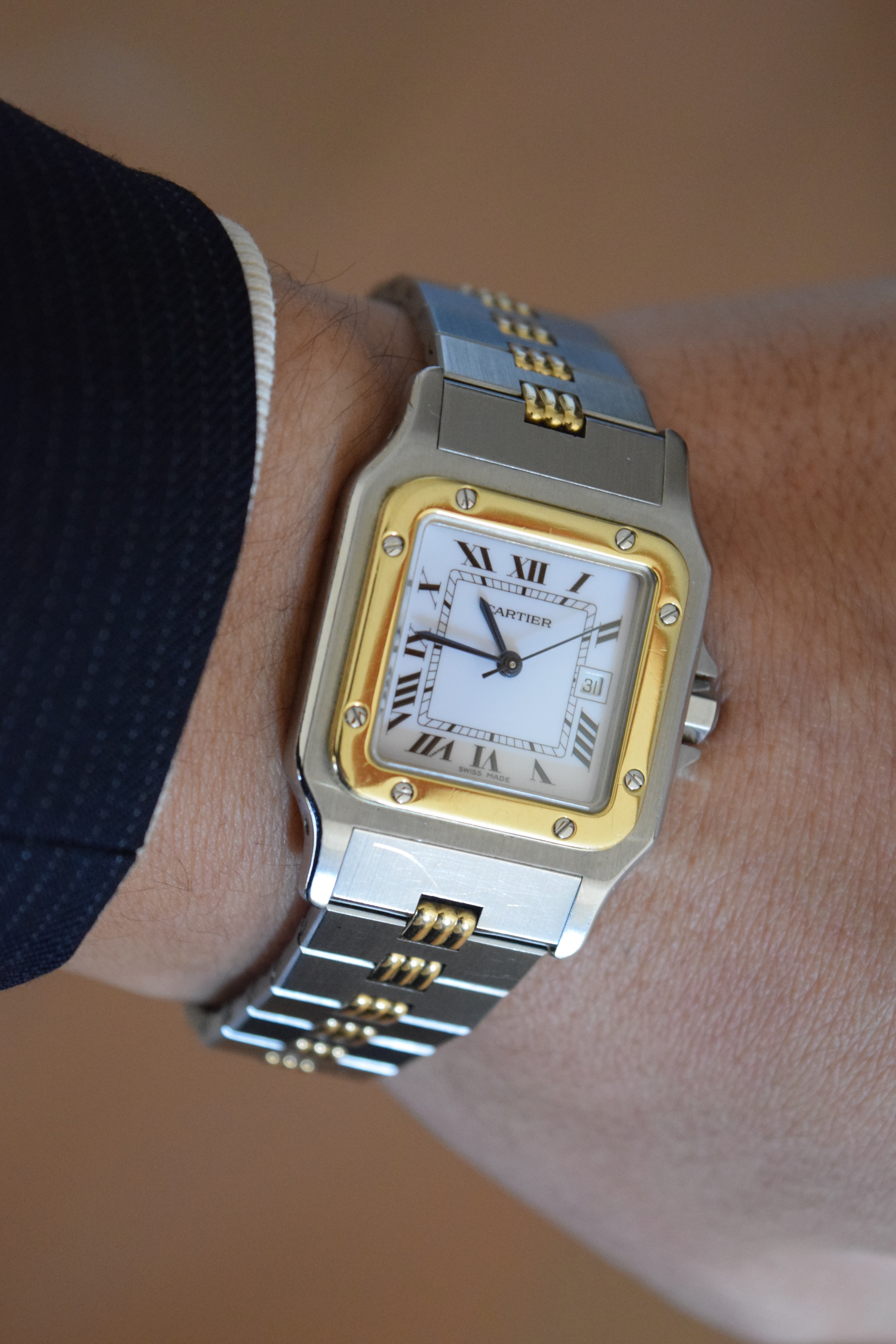 "International Warranty Included" Cartier Santos Galbe LM Size Godron Bracelet Stainless Steel x Gold Combination Automatic Model Ref.2961