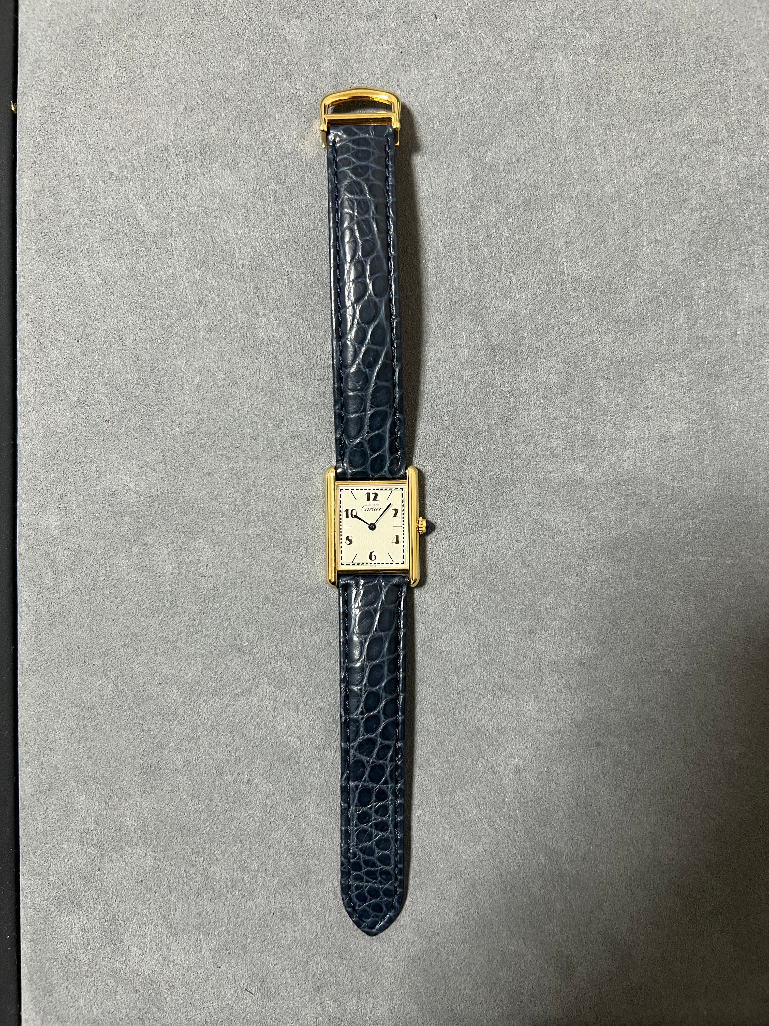 Discontinued Must de Cartier Tank Unisex Vintage Watch Flying Arabia LM Size Pure Silver with 18K Vermeil