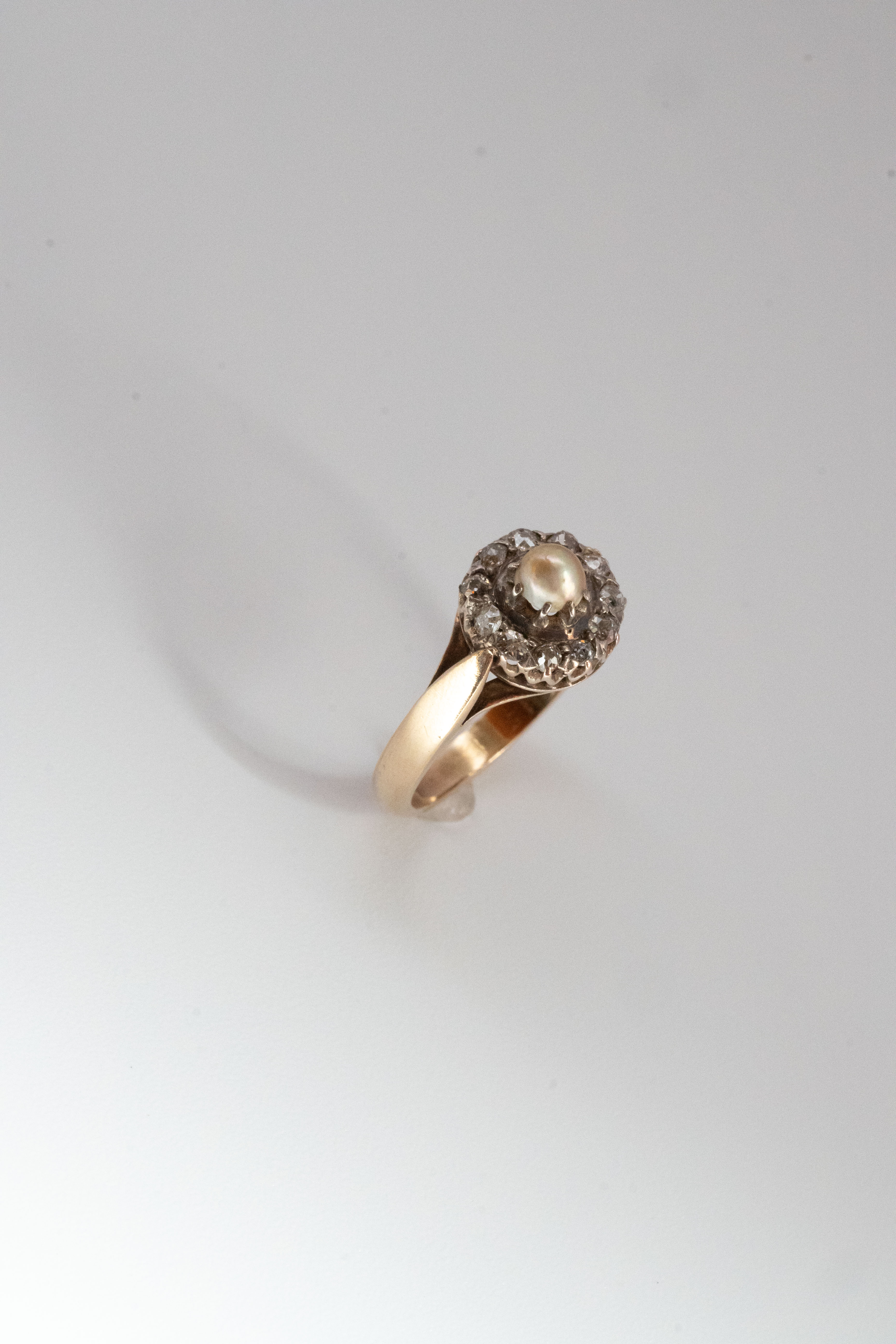19世紀 ヴィクトリアン 9K 3.4g 天然真珠 & オールドカット・ダイヤモンド クラスターリング
