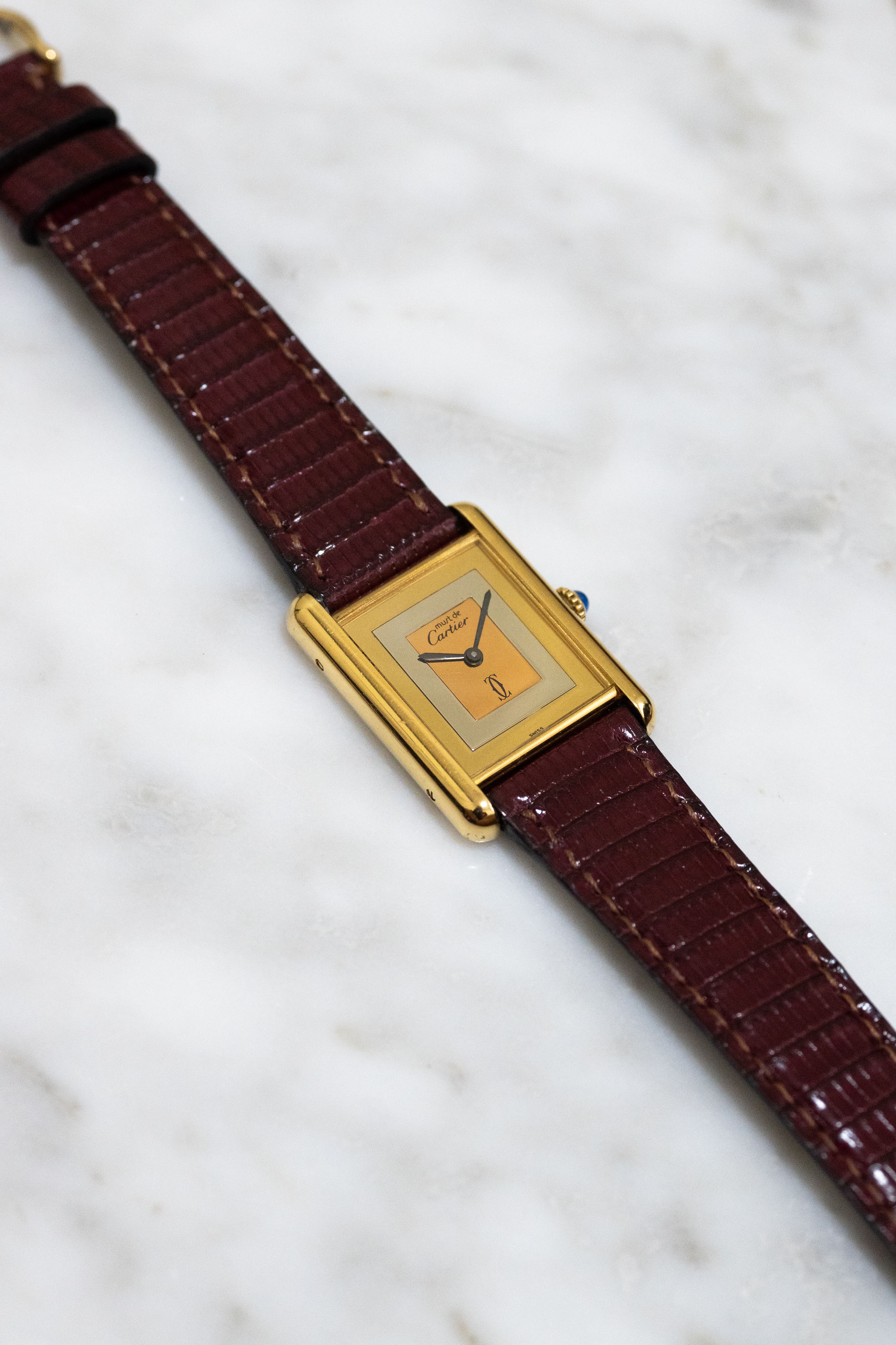 Must de Cartier Tank Vintage Watch Ivory LM Size Quartz Pure Silver with 18K Vermeil