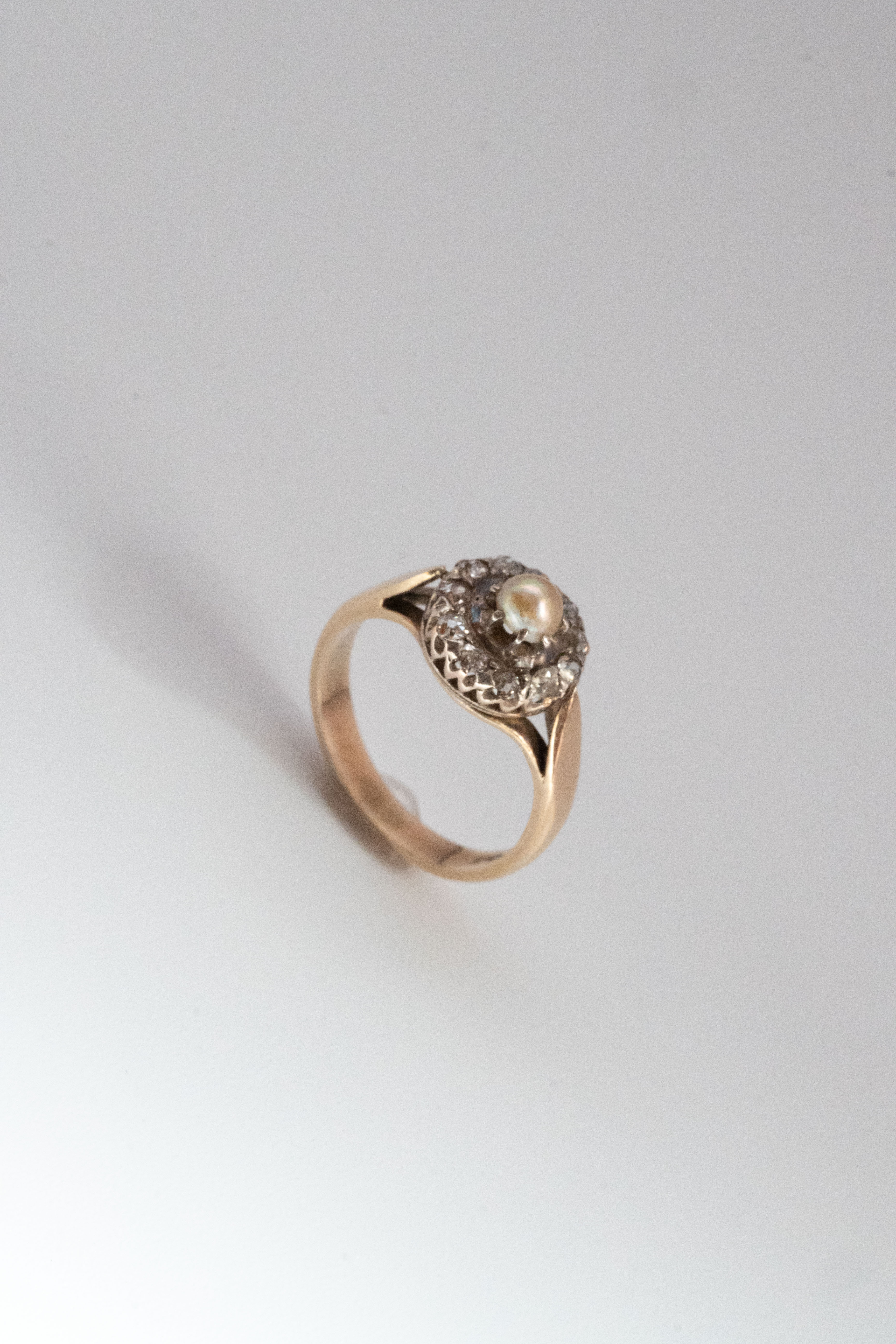 19世紀 ヴィクトリアン 9K 3.4g 天然真珠 & オールドカット・ダイヤモンド クラスターリング