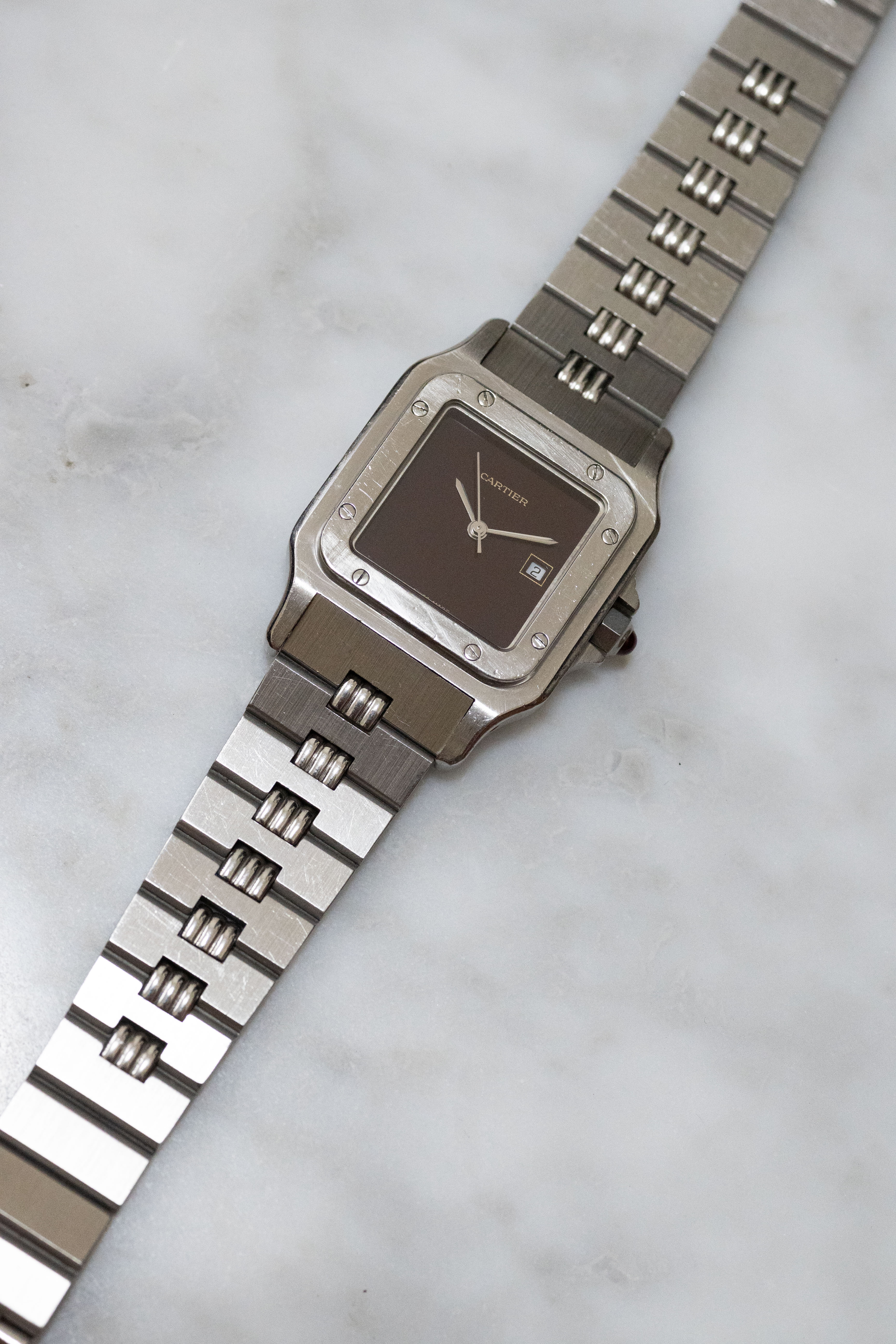CARTIER カルティエ サントスカレ LMサイズ バーガンディ オールステンレスモデル ゴドロンブレス Ref.2960 自動巻
