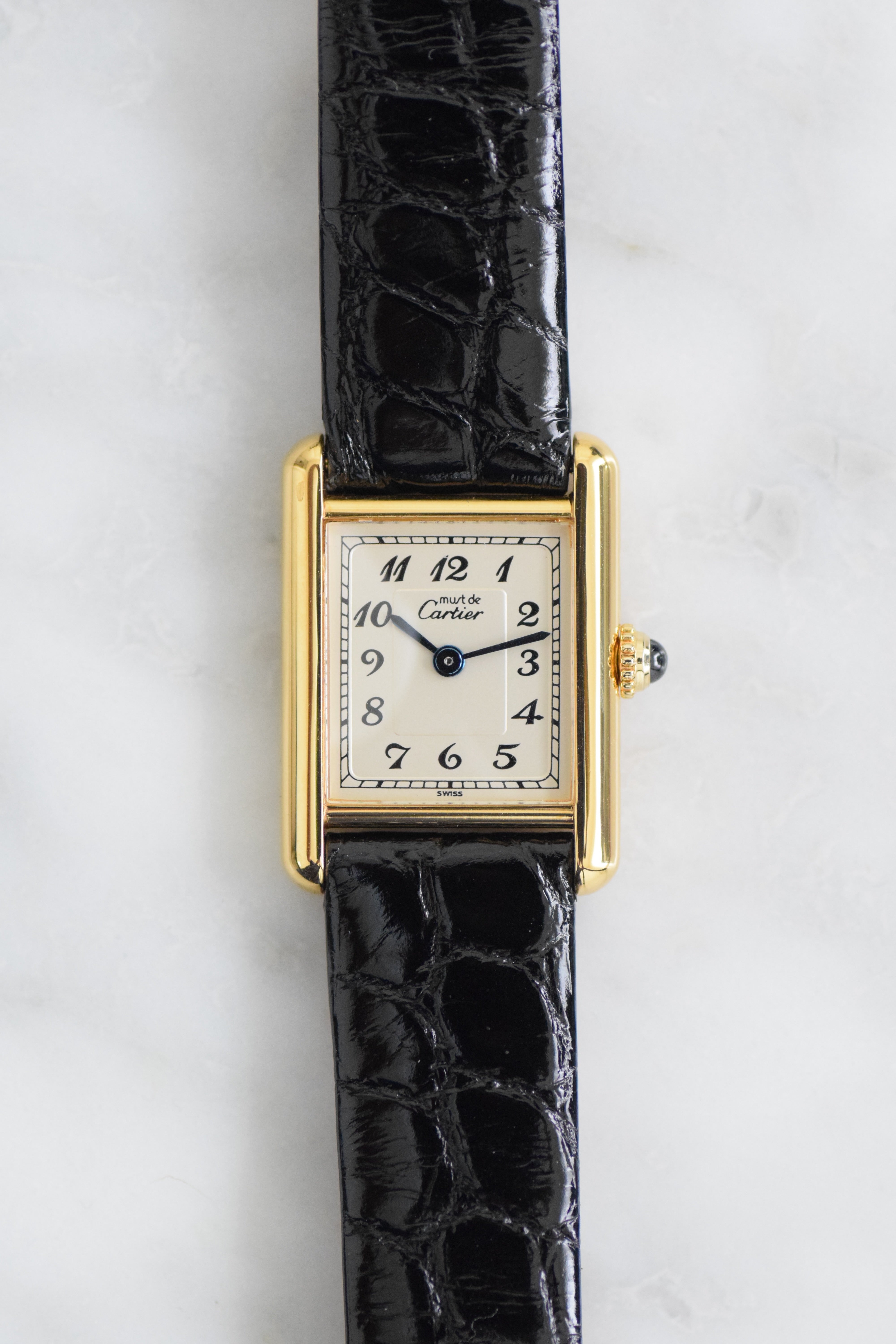 Discontinued Must de Cartier Tank Ladies Vintage Watch, Breguet Numerals, Small and Medium Size, Pure Silver with 18K Vermeil, Free Strap