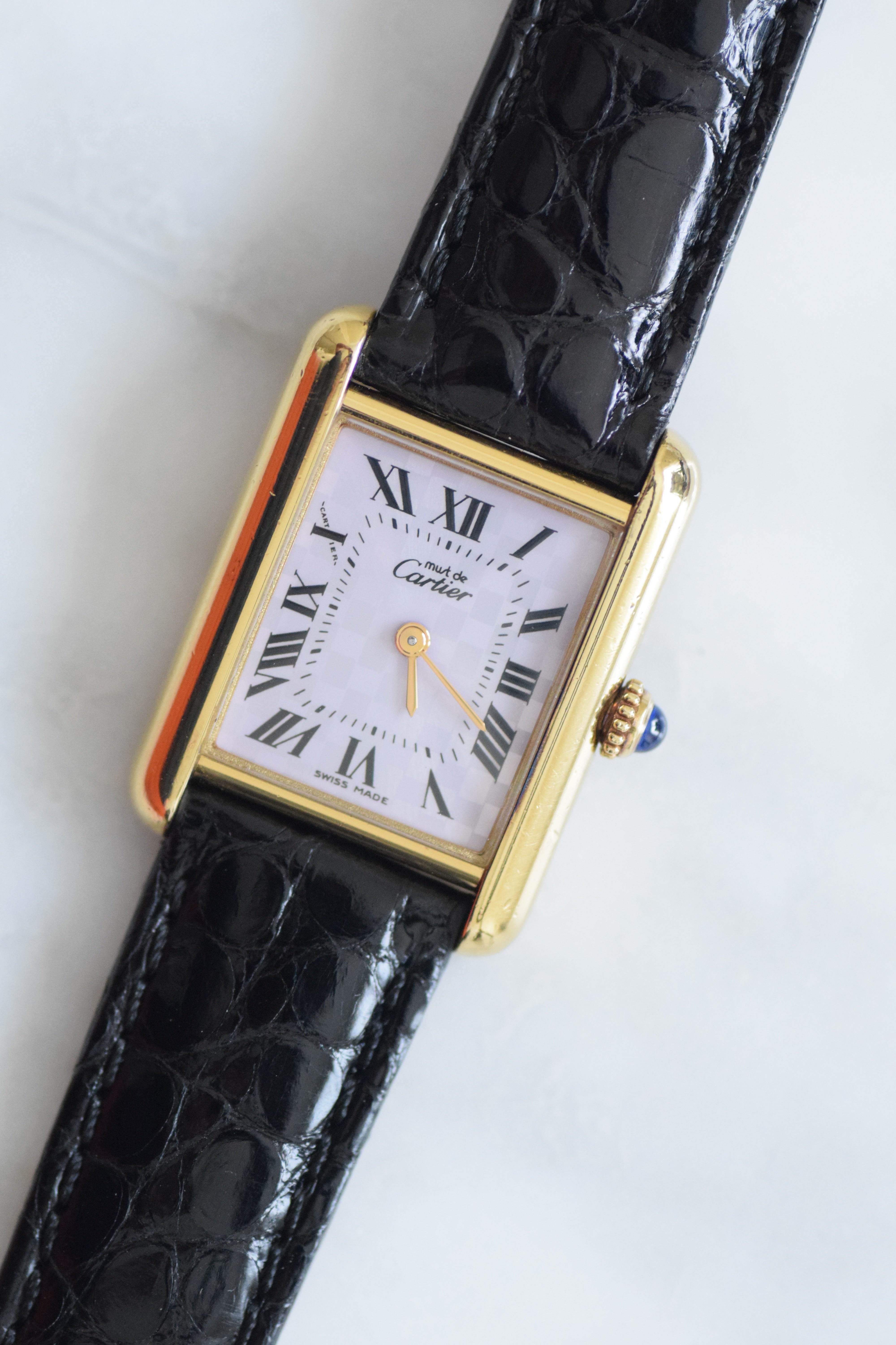 Must de Cartier Tank Ladies Vintage Watch Inner Grey SM Size Pure Silver with 18K Vermeil