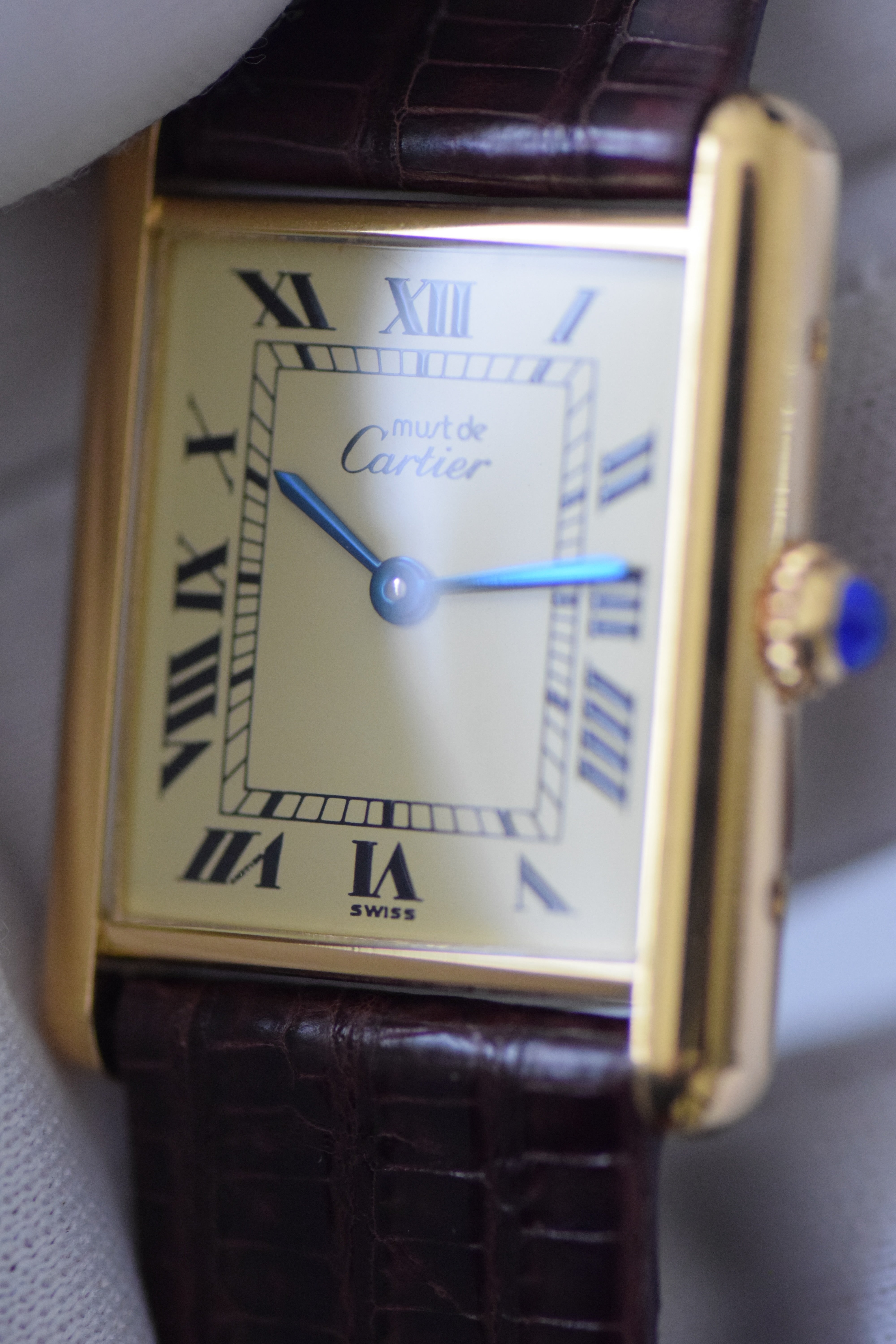 Must de Cartier Tank Vintage Watch Ivory LM Size Quartz Pure Silver with 18K Vermeil