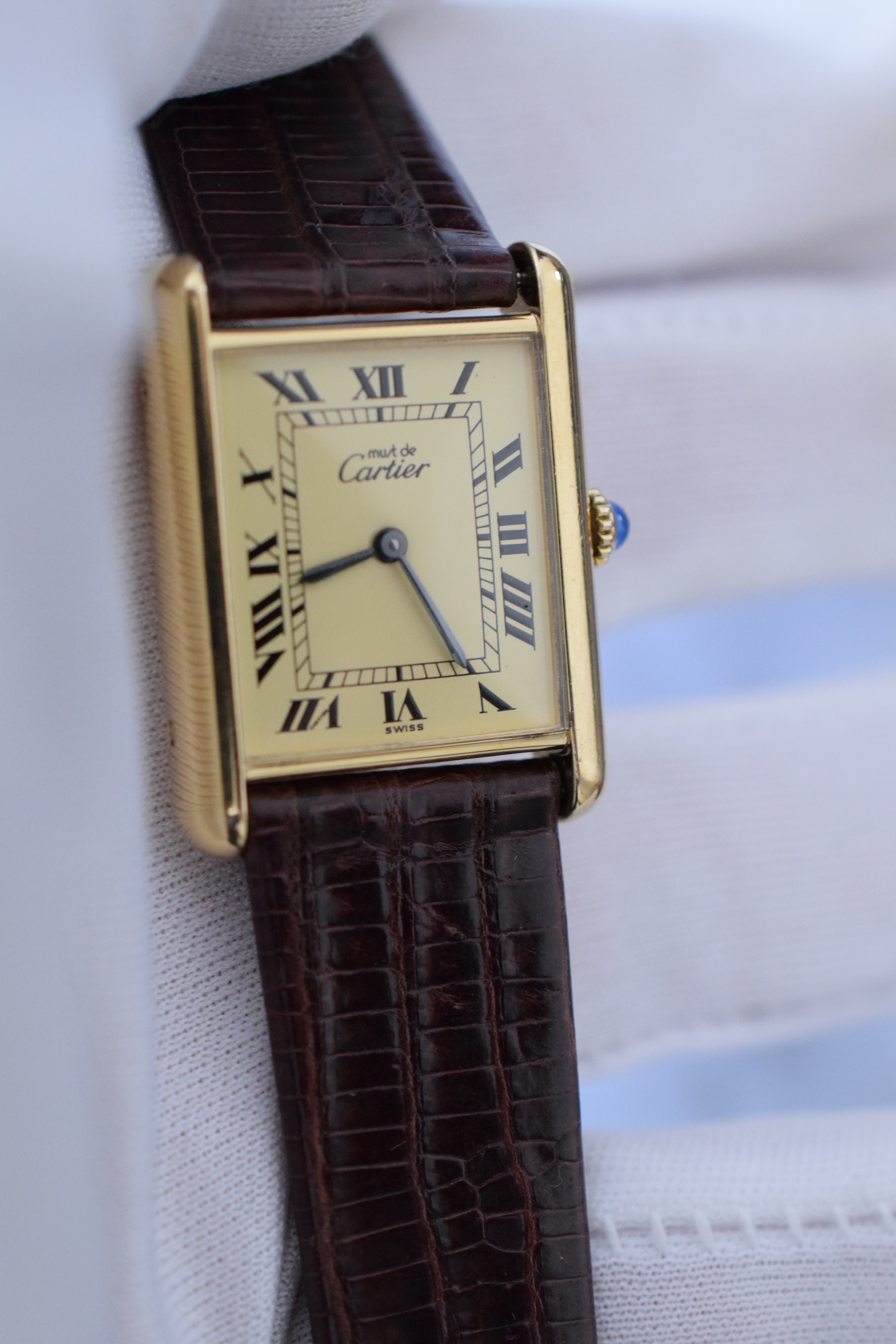 Must de Cartier Tank Vintage Watch Ivory LM Size Quartz Pure Silver with 18K Vermeil