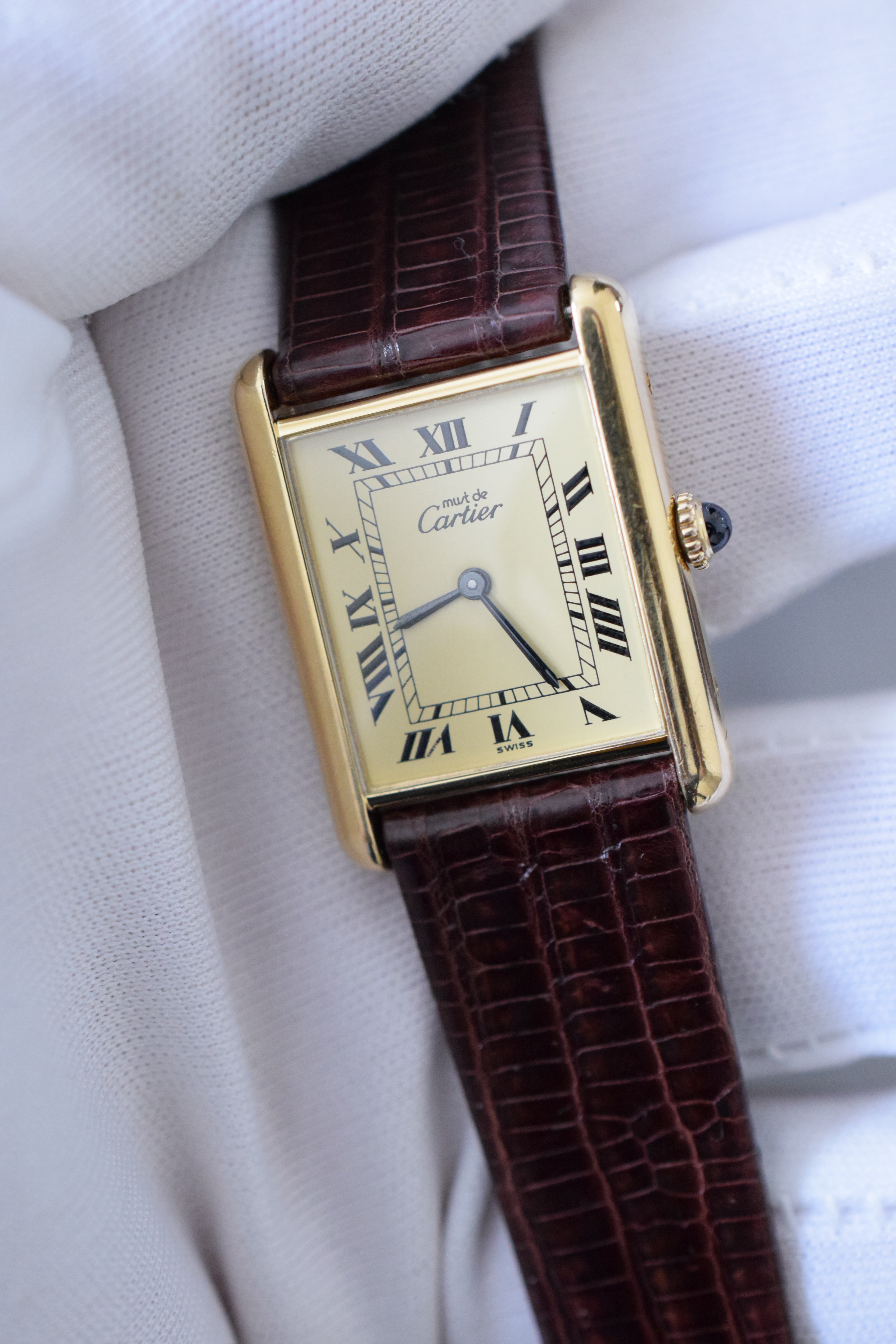 Must de Cartier Tank Vintage Watch Ivory LM Size Quartz Pure Silver with 18K Vermeil