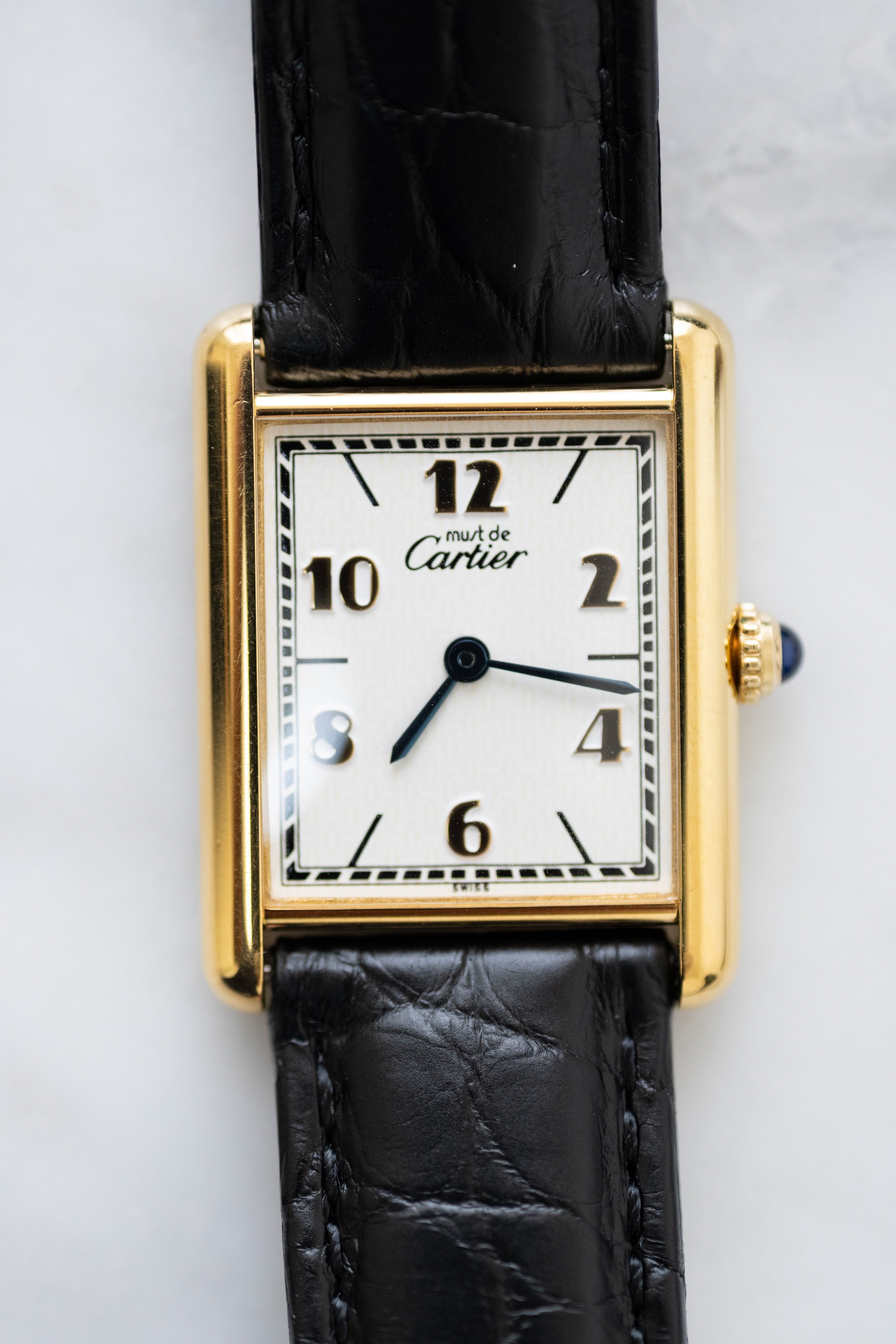 Discontinued Must de Cartier Tank Unisex Vintage Watch Flying Arabia LM Size Pure Silver with 18K Vermeil