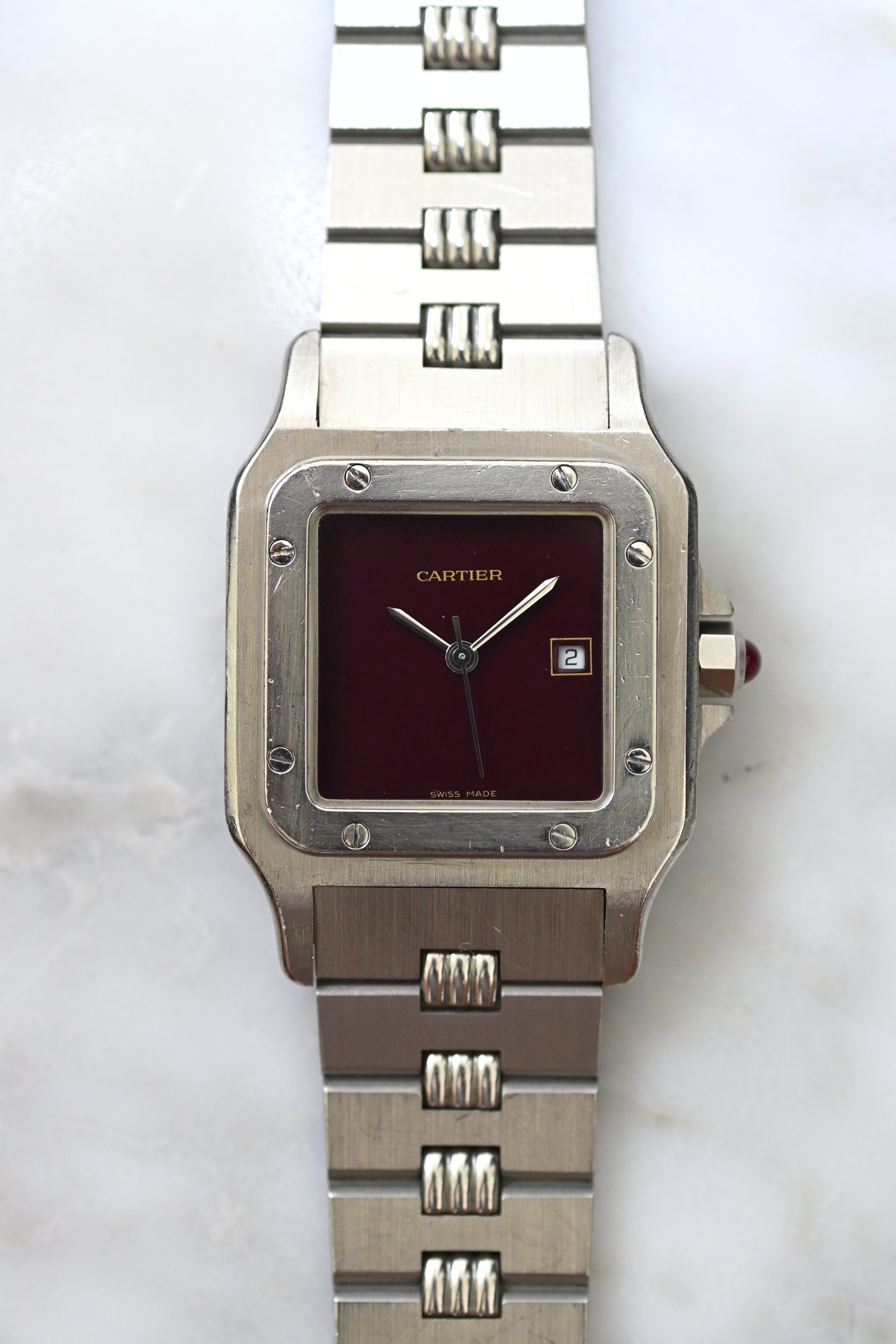 CARTIER カルティエ サントスカレ LMサイズ バーガンディ オールステンレスモデル ゴドロンブレス Ref.2960 自動巻