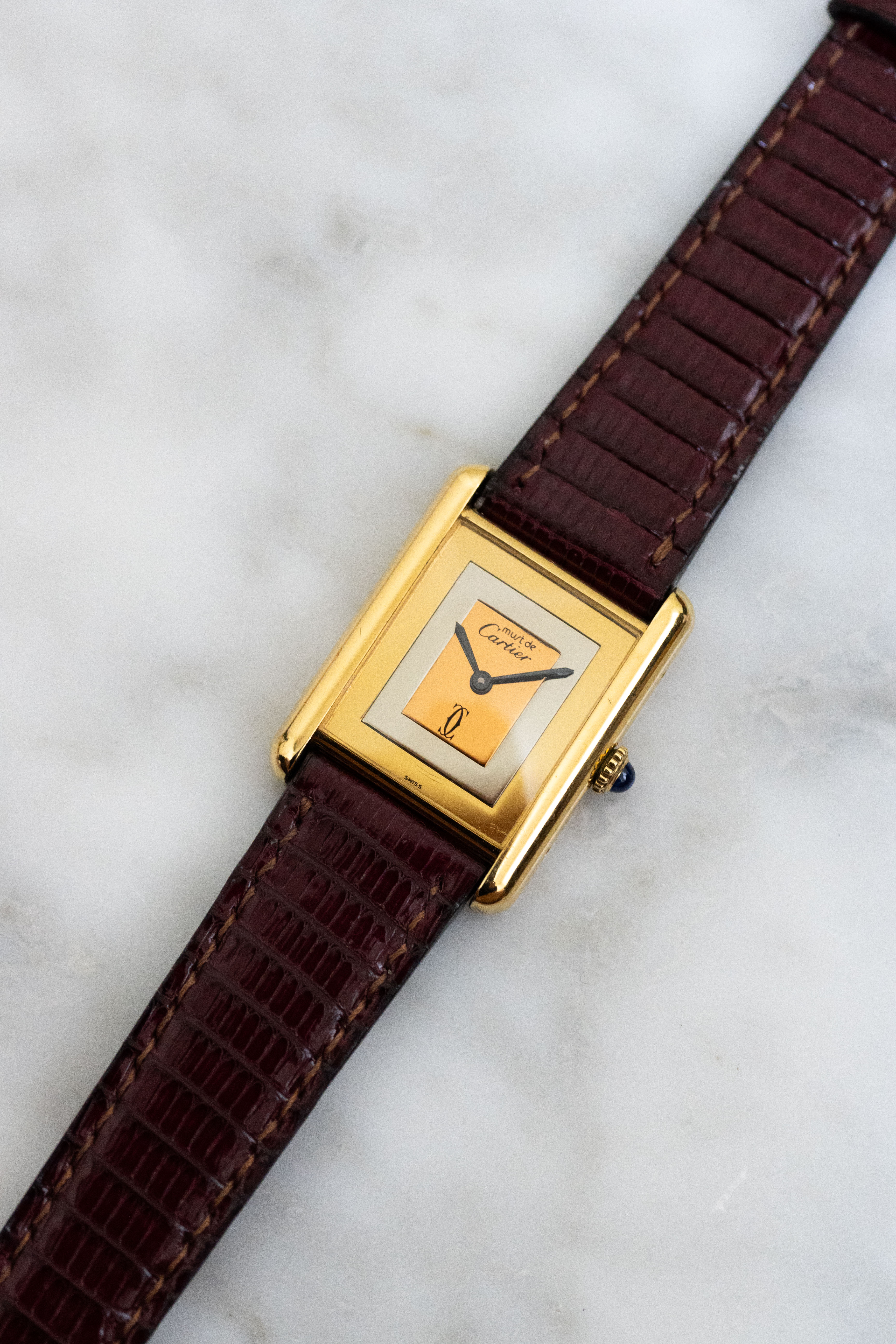 Must de Cartier Tank Vintage Watch Ivory LM Size Quartz Pure Silver with 18K Vermeil