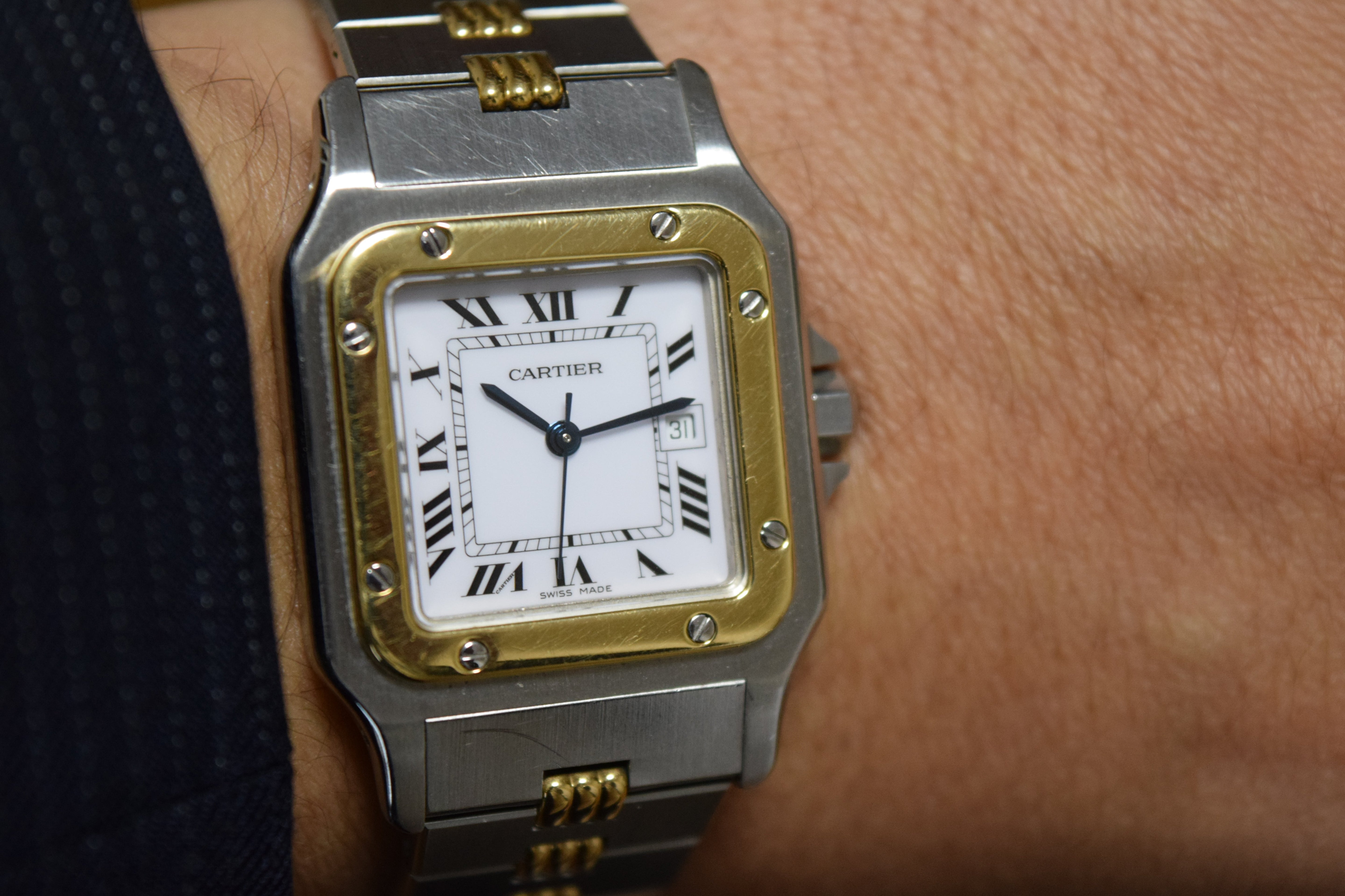 "International Warranty Included" Cartier Santos Galbe LM Size Godron Bracelet Stainless Steel x Gold Combination Automatic Model Ref.2961 