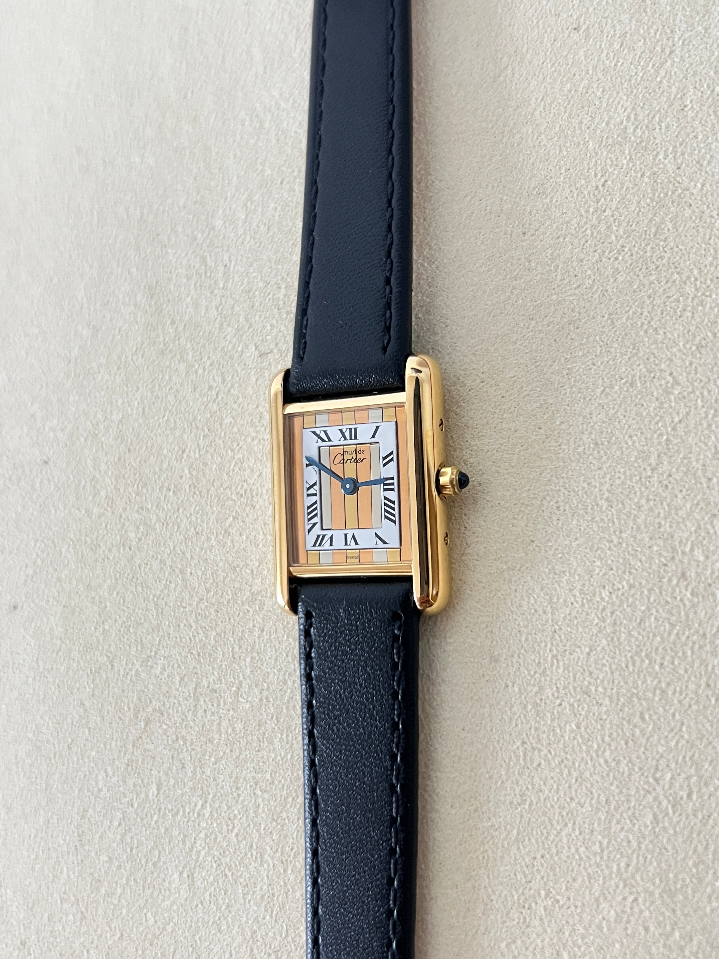 Must de Cartier Tank Ladies Vintage Watch, Size SM, Sterling Silver with 18K Vermeil Multi Stripe